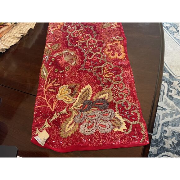 VTG Megan Park England Red Embroidered Silk Beaded Scarf Shawl Barneys NY Luxe - Picture 6 of 11